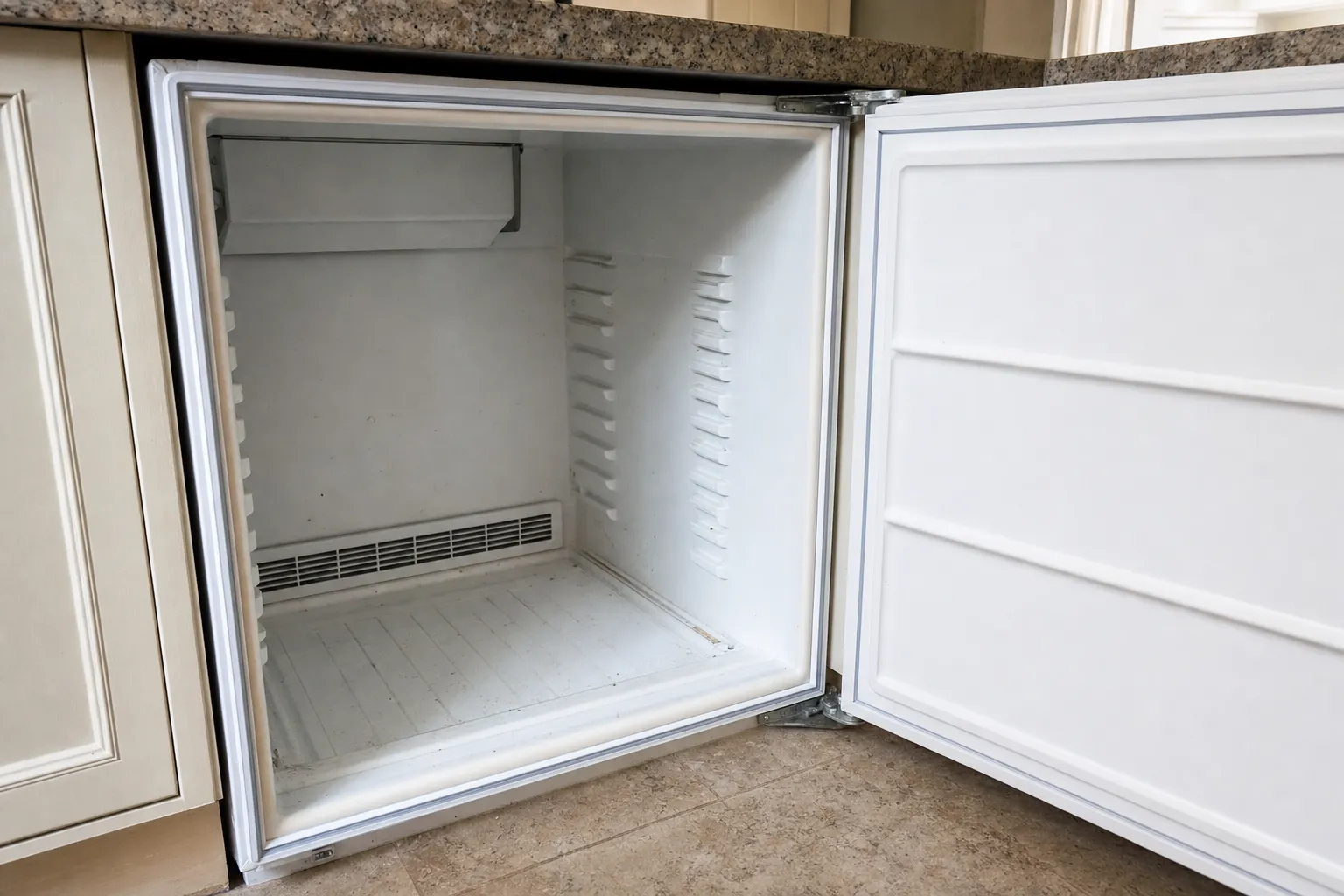 Empty undercounter refrigerator built into cream cabinetry, door open on a bare interior and vent grille