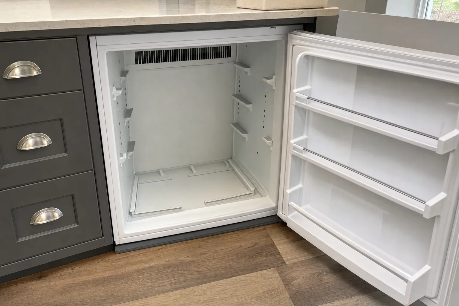 Undercounter refrigerator emptied for service, door open showing bare shelf supports and door bins