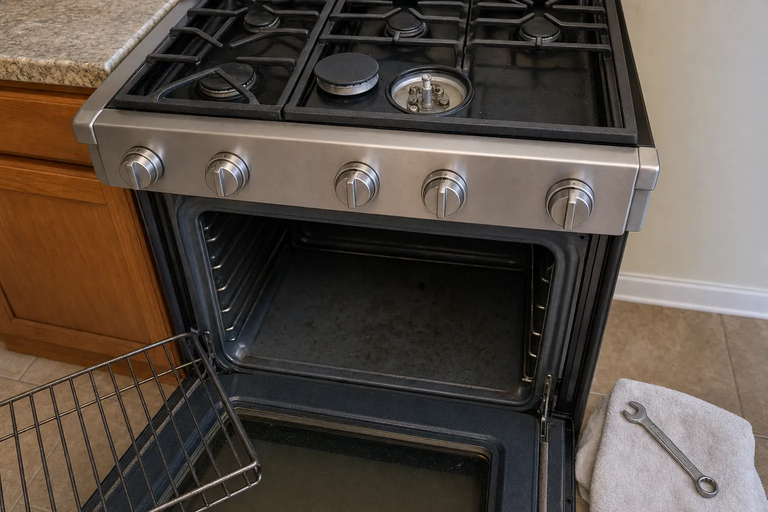 Gas range seen from above with the oven door down, a rack pulled out and one burner cap removed