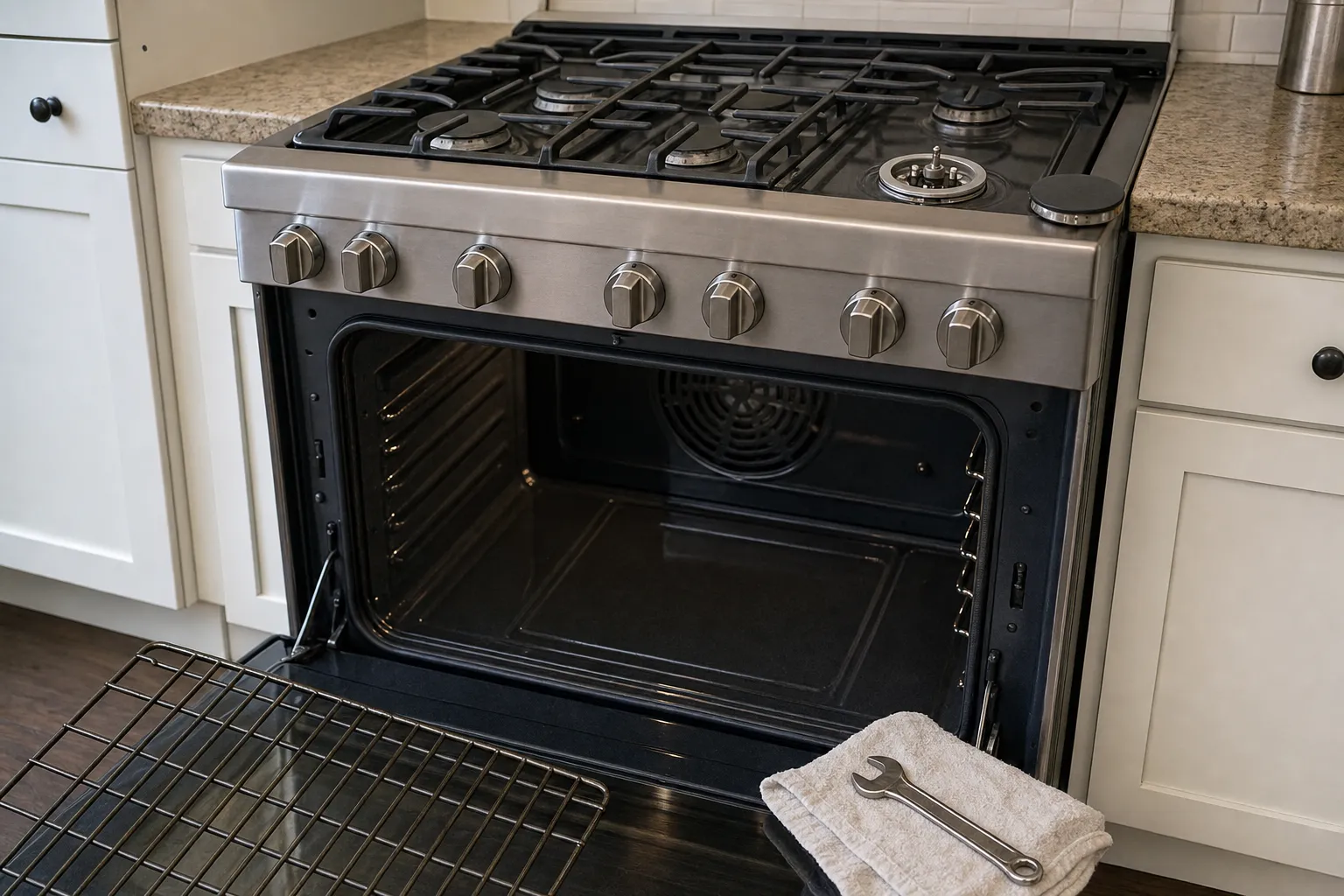 Open oven cavity on a gas range showing the convection fan cover at the back, rack removed