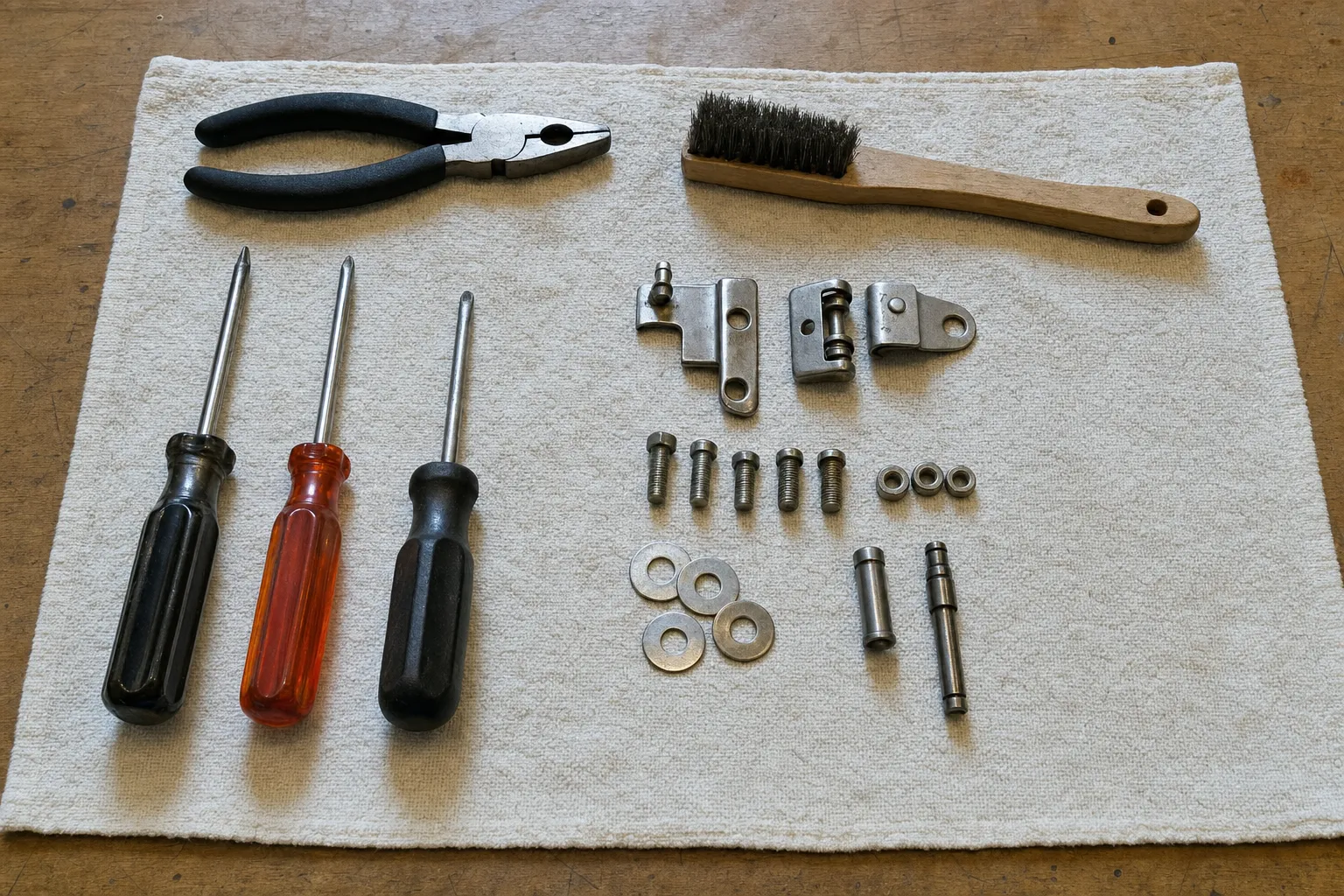 Three screwdrivers, lineman pliers and a wooden wire brush on a towel with hinge brackets, bolts, nuts, washers and two pins