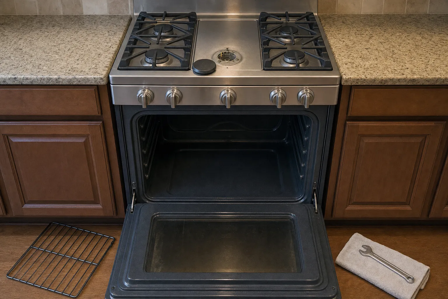 Gas range head-on with four sealed burners and a centre plate whose burner has been uncapped, the oven door flat open and a rack on the floor